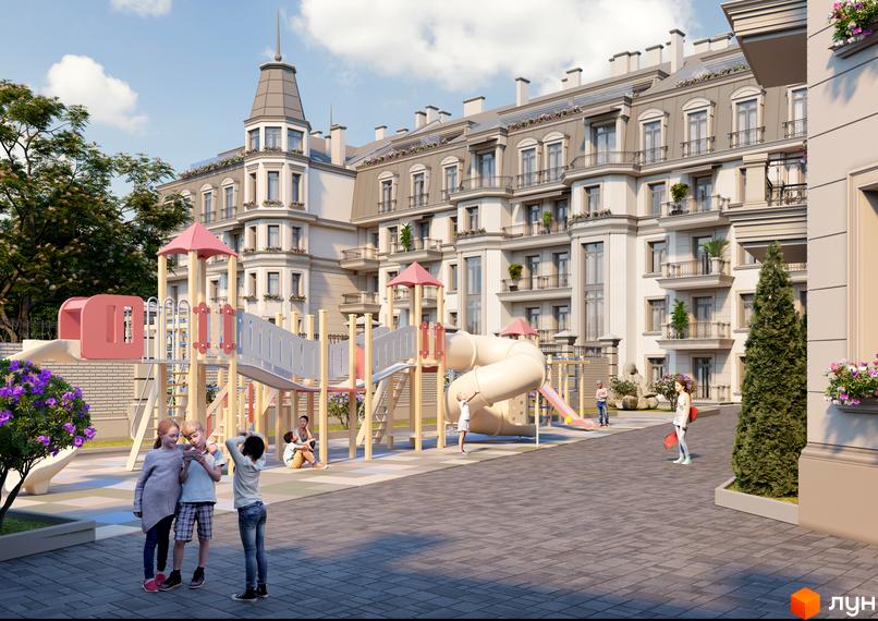 Клубний будинок „Консул“ з дитячим майданчиком та зеленими зонами. Фасад будівлі оздоблений цеглою та має балкони з кованими решітками.