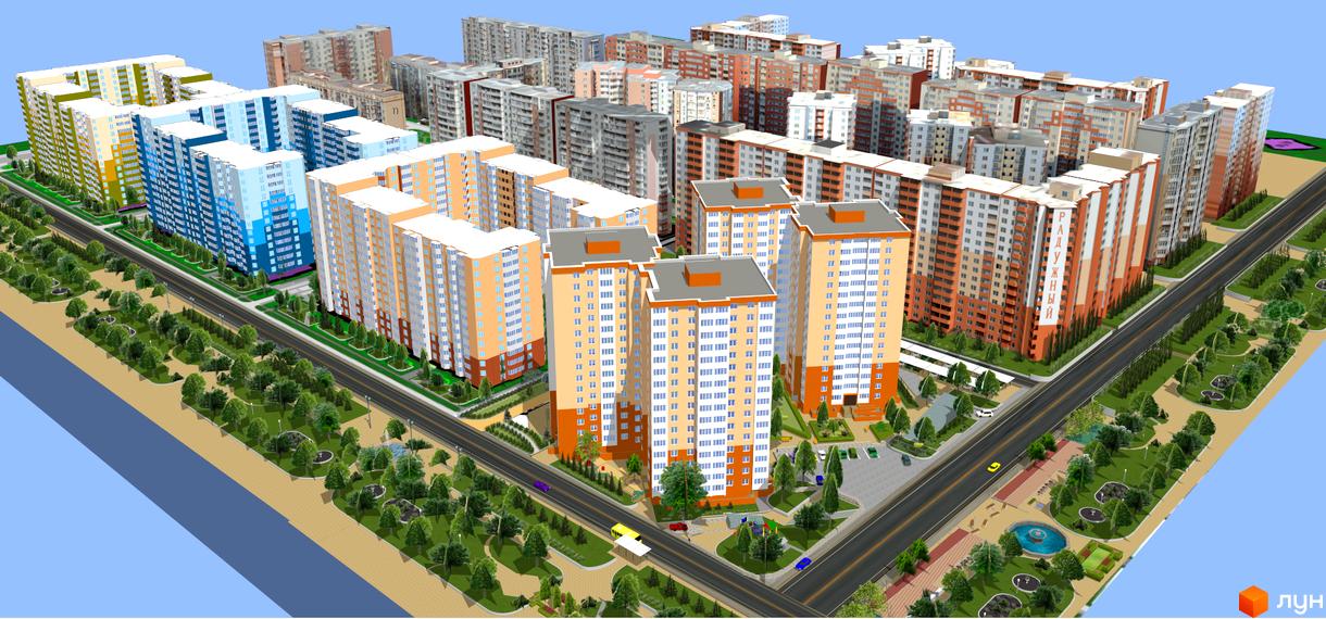 Житловий комплекс Райдужний складається з багатоповерхових будинків світлих відтінків. Прибудинкова територія має дороги, зелені зони, дитячі майданчики.