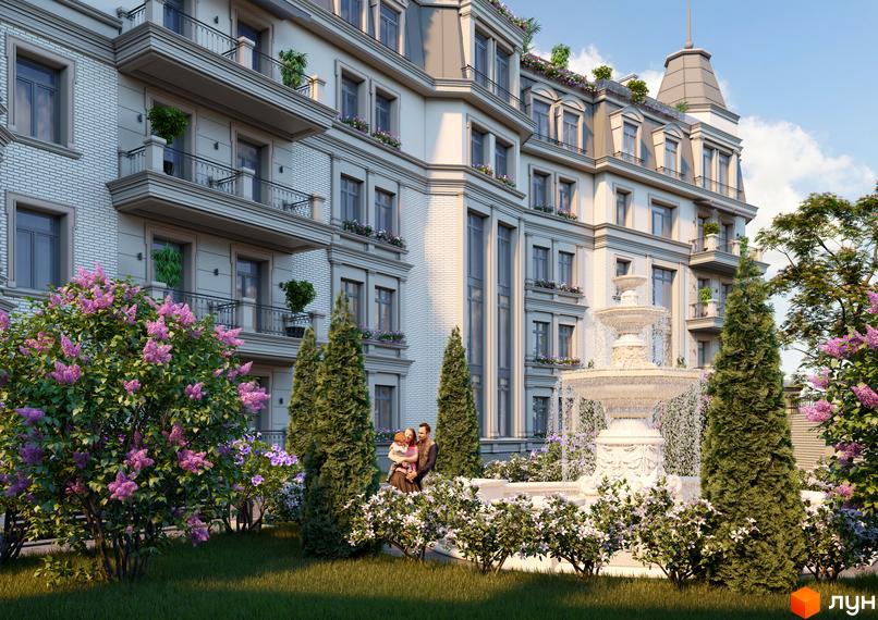 Клубний будинок „Консул“ з елегантною архітектурою та доглянутою прибудинковою територією з фонтаном та квітучими рослинами.