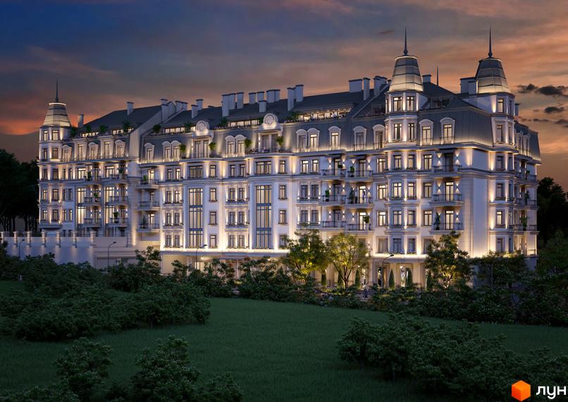 Клубний будинок Консул має вишуканий фасад з численними вікнами та балконами, оточений доглянутим парком з зеленими галявинами та деревами.