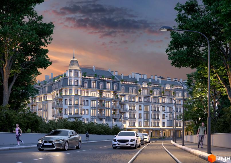 Клубний будинок Консул, фасад будівлі в стилі класицизму з балконами та мансардними вікнами, перед будинком дорога з автомобілями та зелені насадження.