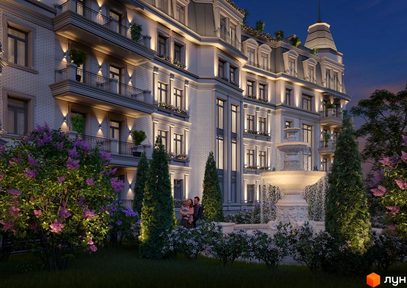 Зображення фасаду Клубного будинку „Консул“ з фонтаном та зеленими насадженнями на прибудинковій території.