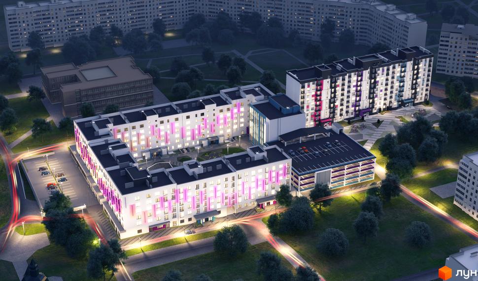 Житловий комплекс Синергія Glass. Високі будинки з білими фасадами та рожевим підсвічуванням, поруч паркінг та доглянута прибудинкова територія з деревами.