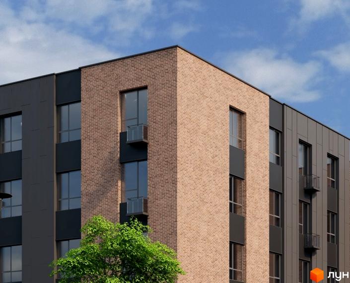 Фасад житлового комплексу MANCHESTER PARK виконаний з цегли та темних панелей, з великими вікнами та скляними балконами. Поруч росте зелене дерево.