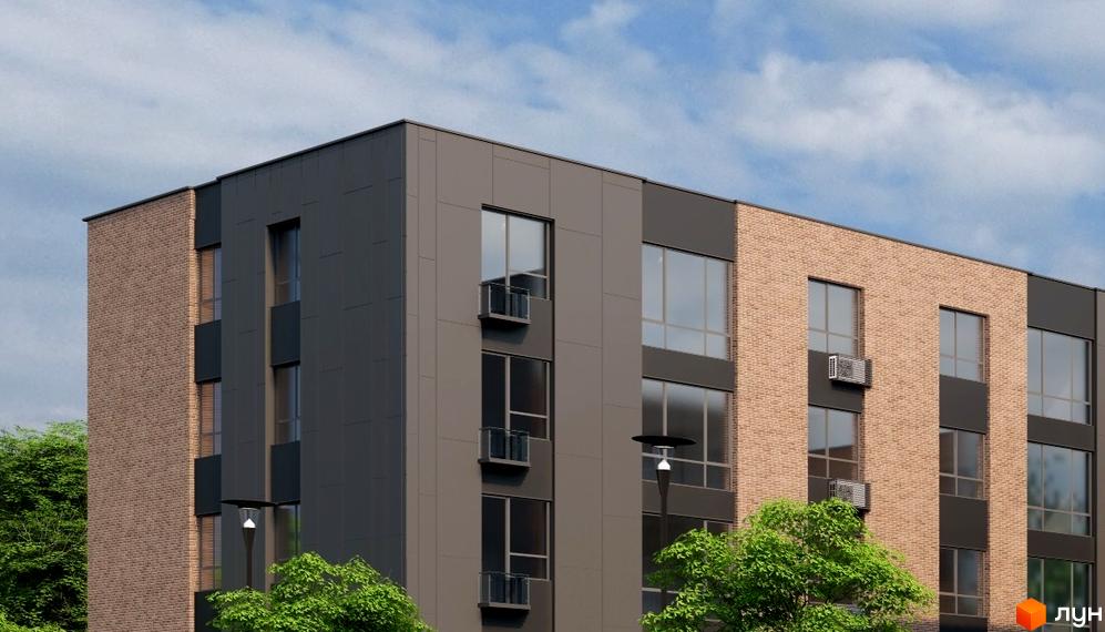 Фасад Житлового комплексу MANCHESTER PARK з цегли та темних панелей, великі вікна, зелені дерева та вуличний ліхтар.