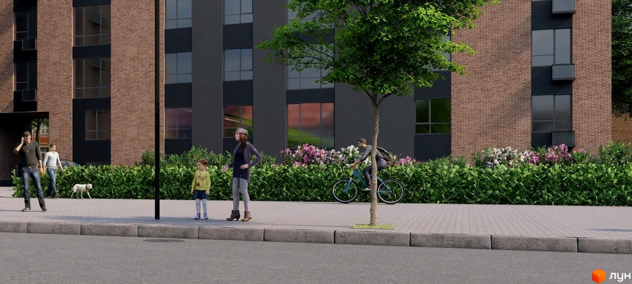 Житловий комплекс MANCHESTER PARK з цегляним фасадом та великими вікнами. Поруч доглянута прибудинкова територія з деревами та квітами, де гуляють люди та їздять на велосипеді.