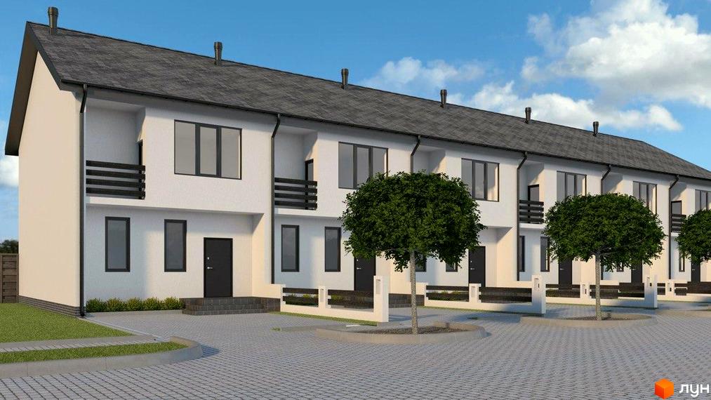 Ряд двоповерхових таунхаусів Таунхаус „Європейський“ з білими фасадами та темними дахами. Прибудинкова територія має мощені доріжки та зелені насадження.
