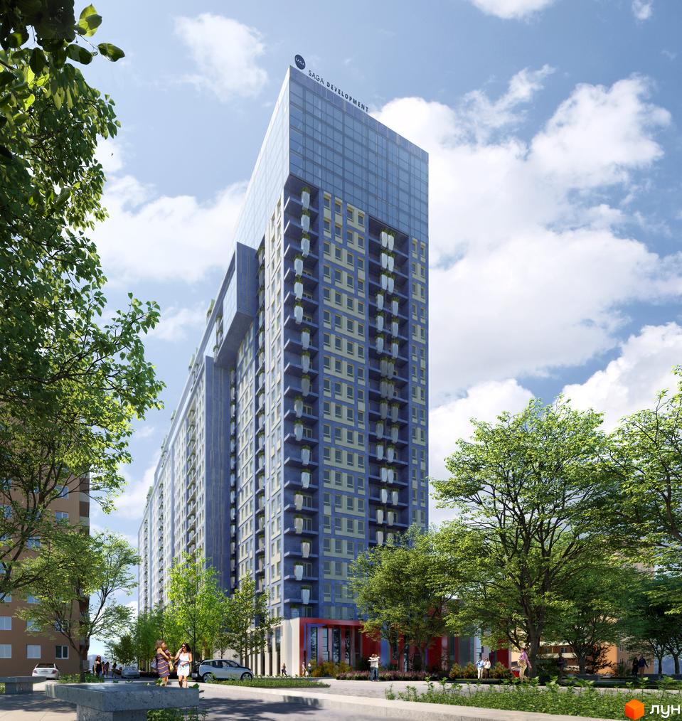 Висотна будівля житлового комплексу Happy House з великою кількістю вікон та балконів. На передньому плані зелені дерева та тротуар.