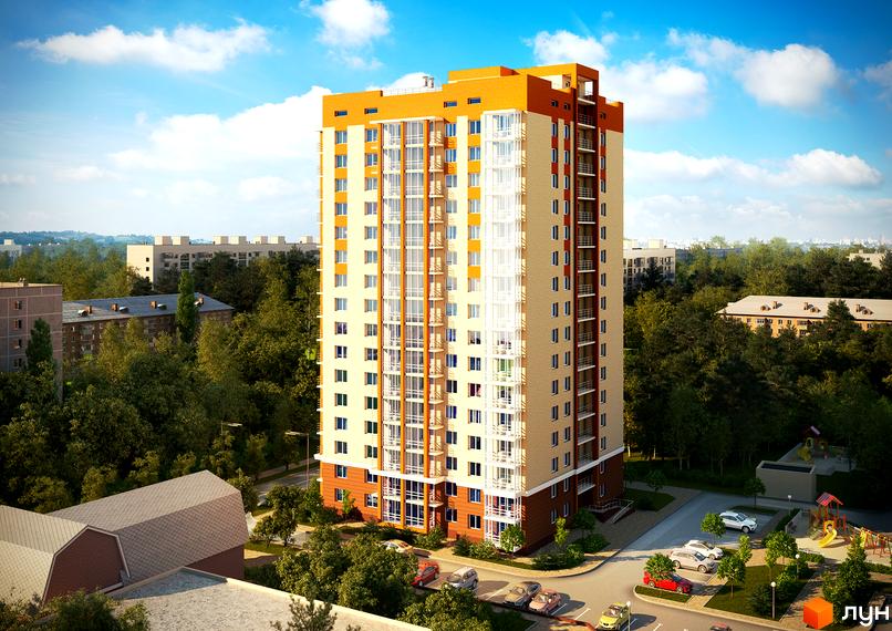 Зображення багатоповерхового будинку Житлового комплексу Мінський. Навколо будівлі розташована прибудинкова територія з парковкою та дитячим майданчиком.