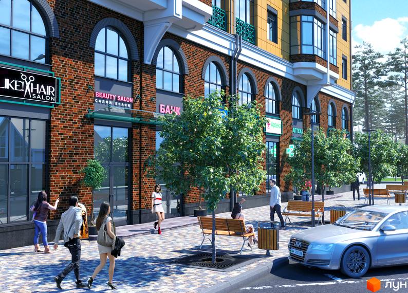 Клубний будинок „На Радистів“ з цегляним фасадом та арочними вікнами. Біля будинку розташована доглянута прибудинкова територія з деревами та лавками.