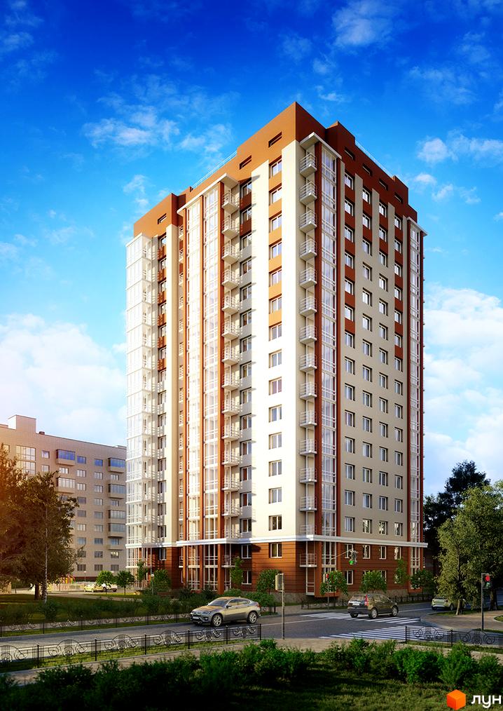 Зображення багатоповерхового будинку Житлового комплексу Мінський з балконами та панорамними вікнами. На передньому плані дорога з автомобілями та зелені насадження.