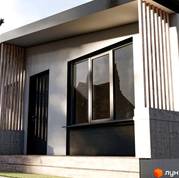 Таунхаус Белгород – двоповерховий будинок з великими вікнами та дерев'яними елементами фасаду, розташований на фоні зеленої галявини.