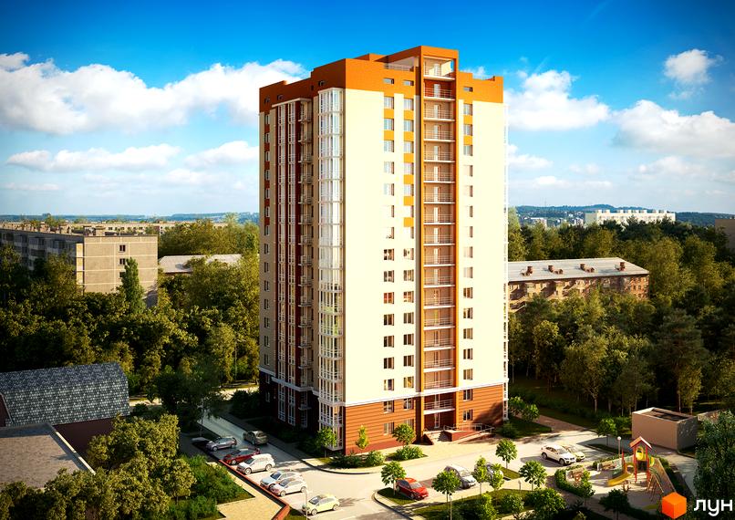 Зображення багатоповерхового будинку Житлового комплексу Мінський з паркінгом та дитячим майданчиком. Вигляд фасаду та прибудинкової території.