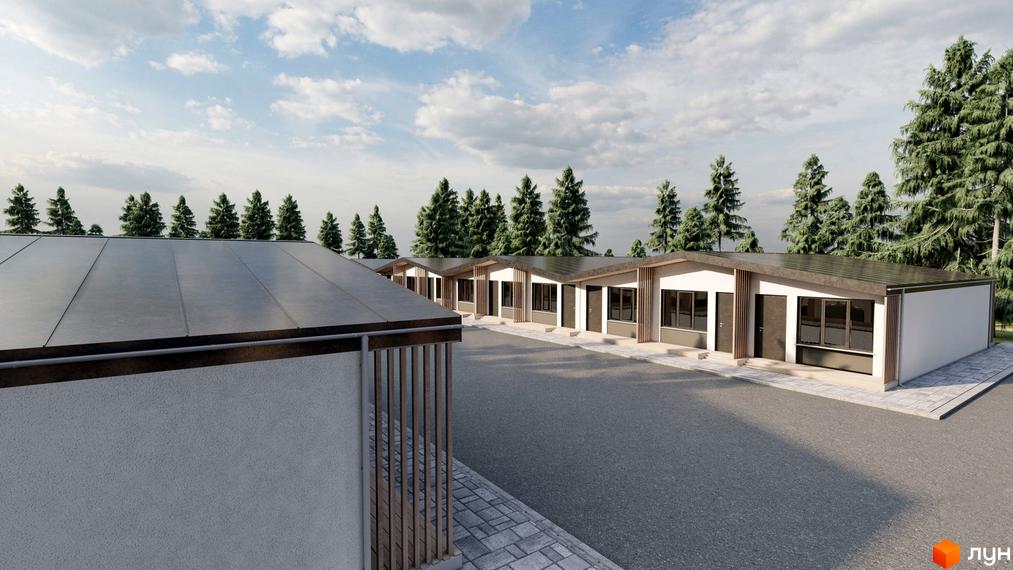 Ряд одноповерхових таунхаусів Таунхаус „Белгород“ з похилими дахами та сонячними панелями. Перед будинками асфальтована дорога, за ними – ряд хвойних дерев.