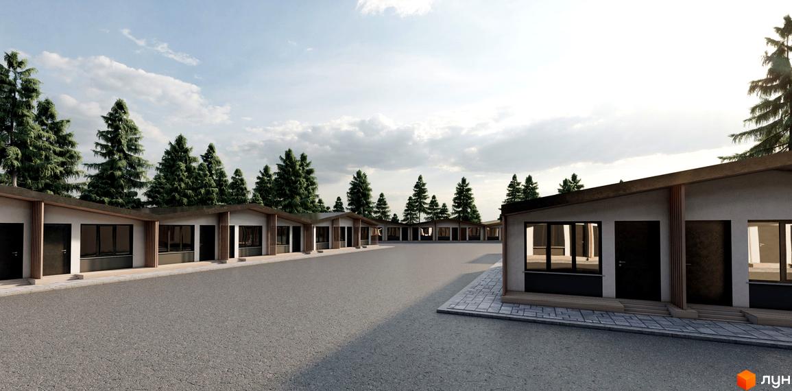 Таунхаус Белгород: зовнішній вигляд будівель з темними дверима та вікнами, розташованих вздовж асфальтованої дороги. Навколо багато зелених дерев.