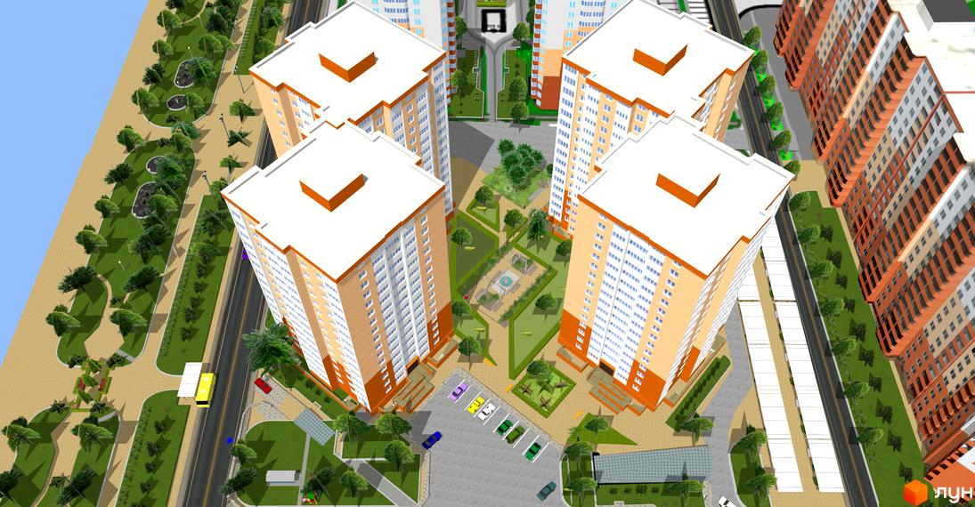 Вид на житловий комплекс Райдужний з трьох висотних будинків та прибудинковою територією з зеленими насадженнями і дитячим майданчиком.