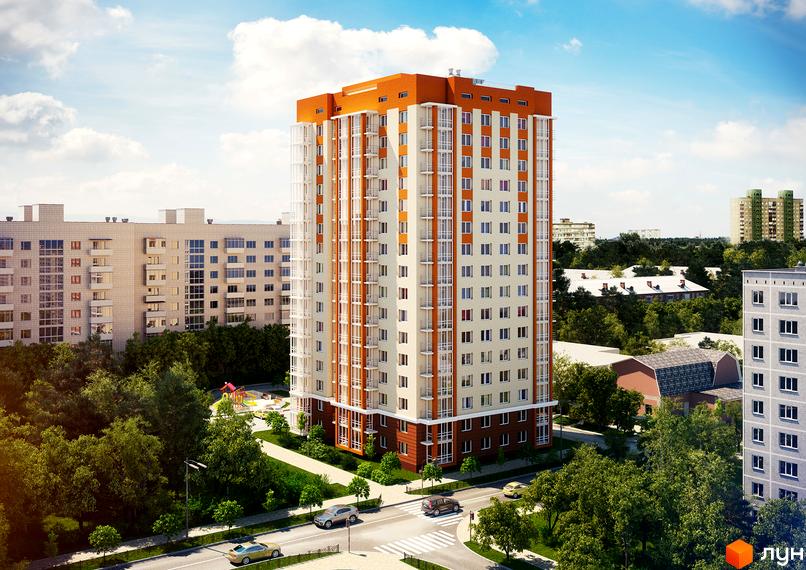 Зображення багатоповерхового будинку Житлового комплексу Мінський. Навколо будинку зелені насадження та дорога.