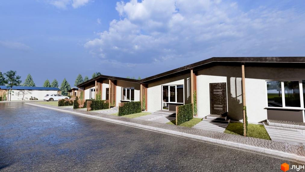 Таунхаус „Белгород“: ряд одноповерхових будинків зі світлими фасадами та темними дахами. Перед ними доріжки, зелені газони та дорога.