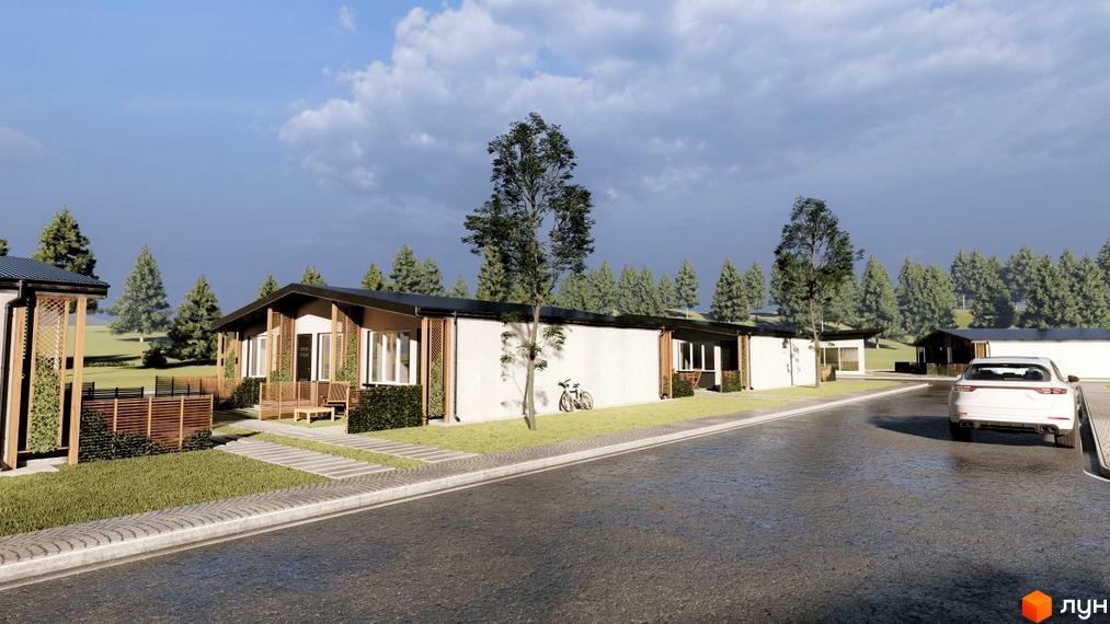 Таунхаус Белгород: сучасні будинки з дерев'яними елементами та доглянутою прибудинковою територією з зеленими насадженнями та доріжками.