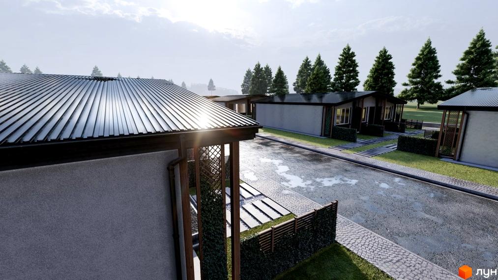 Таунхаус „Белгород“ з темним металевим дахом та світлими стінами. Перед будинками зелені газони, доріжки та доглянуті огорожі.