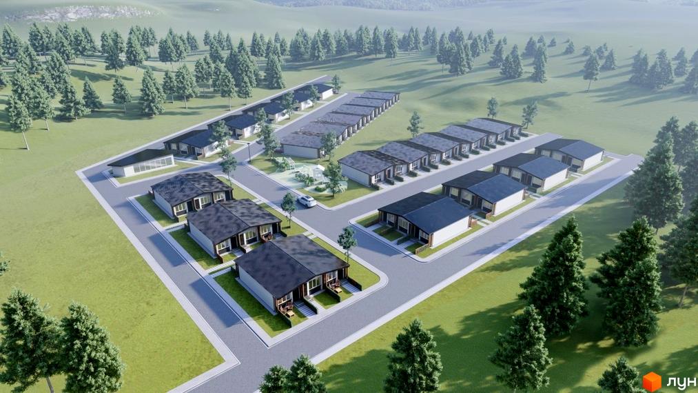 Таунхаус „Белгород“: забудова з одноповерховими будинками з темними дахами, дорогами та зеленими насадженнями. На території є дитячий майданчик.