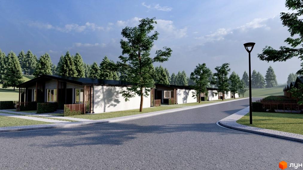 Таунхаус „Белгород“: ряд одноповерхових будинків з темними дахами та світлими фасадами. Вулиця з доріжками, газонами та деревами, на тлі лісових пагорбів.