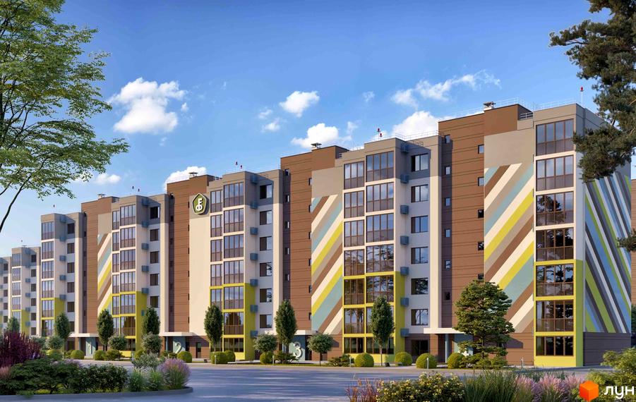 Багатоповерхова новобудова ЖК Welcome Home на Стеценка з різнокольоровими смугами на фасаді. На прибудинковій території зелені насадження та дерева.