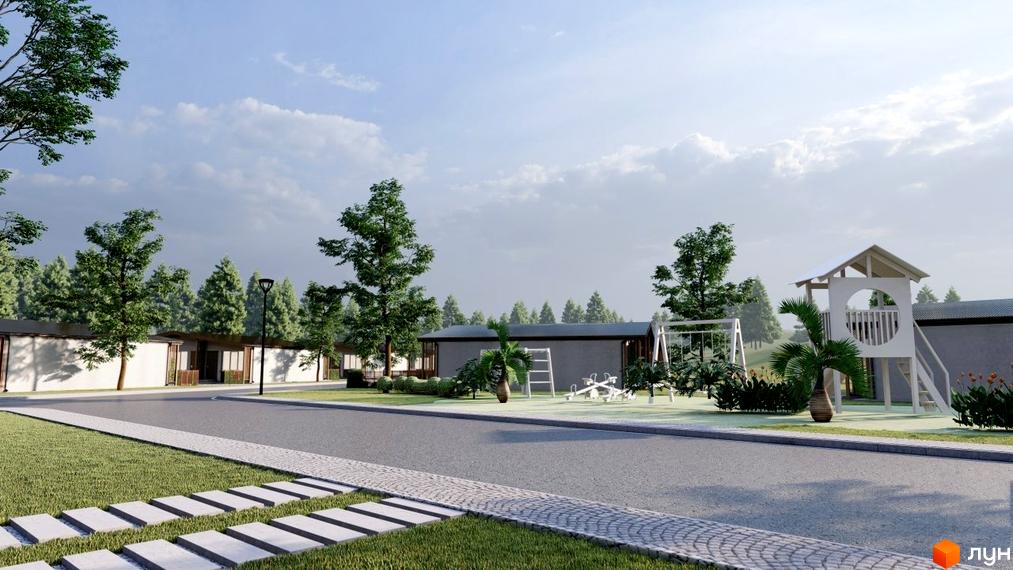 Таунхаус Белгород: двоповерхові будинки з білими фасадами та сірими дахами, огороджена територія з дитячим майданчиком, гойдалками та гірками.