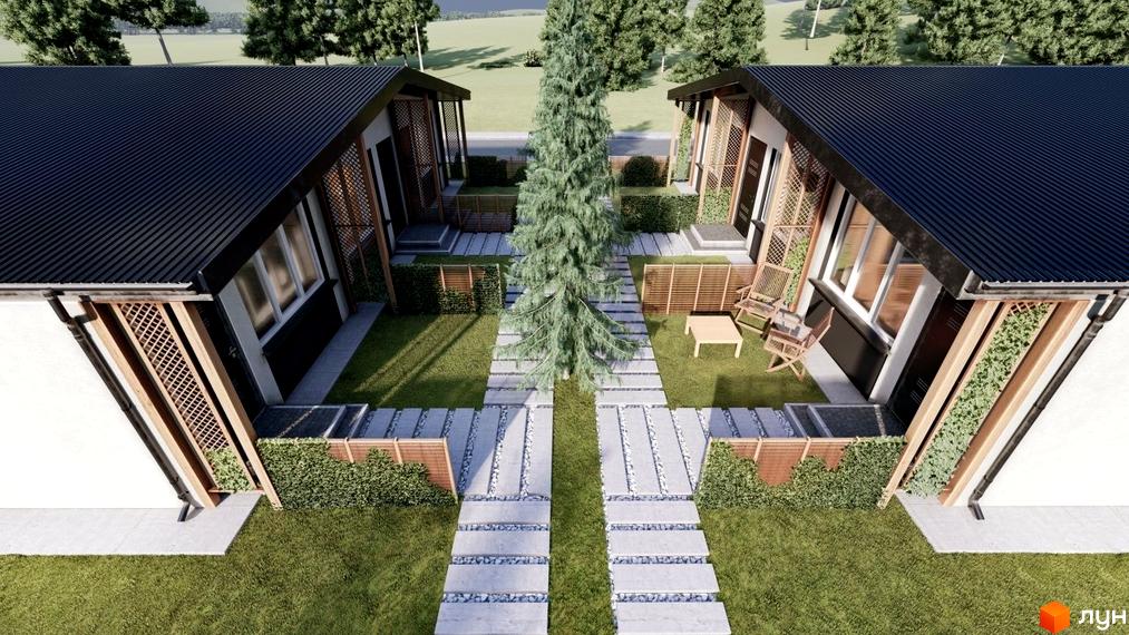 Таунхаус „Белгород“: два будинки з темними дахами, білими фасадами та дерев'яними елементами. На території зелений газон, доріжки з плит та високе дерево.