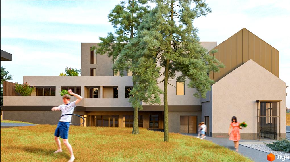 Зображення Житлового комплексу Підгірний з фасадом будинку та прибудинковою територією з деревами і людьми.