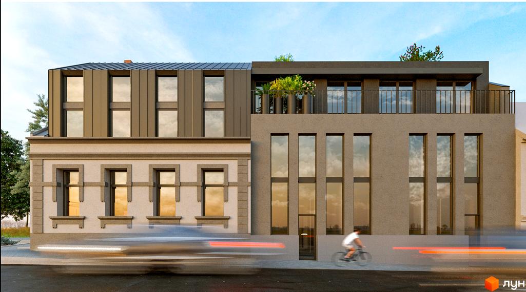 Зовнішній вигляд Житлового комплексу Підгірний. Двоповерхова будівля з великими вікнами та балконом на даху.