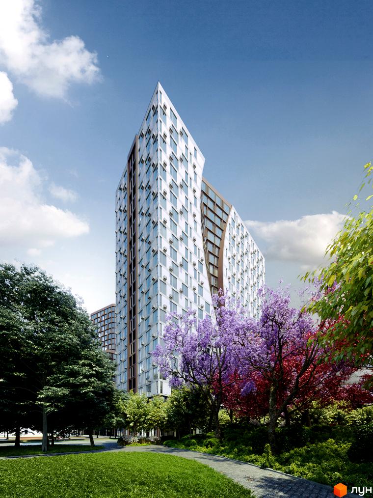 Житловий комплекс Creator City з унікальною архітектурою та зеленою прибудинковою територією. Сучасна новобудова з великою кількістю вікон та балконів.