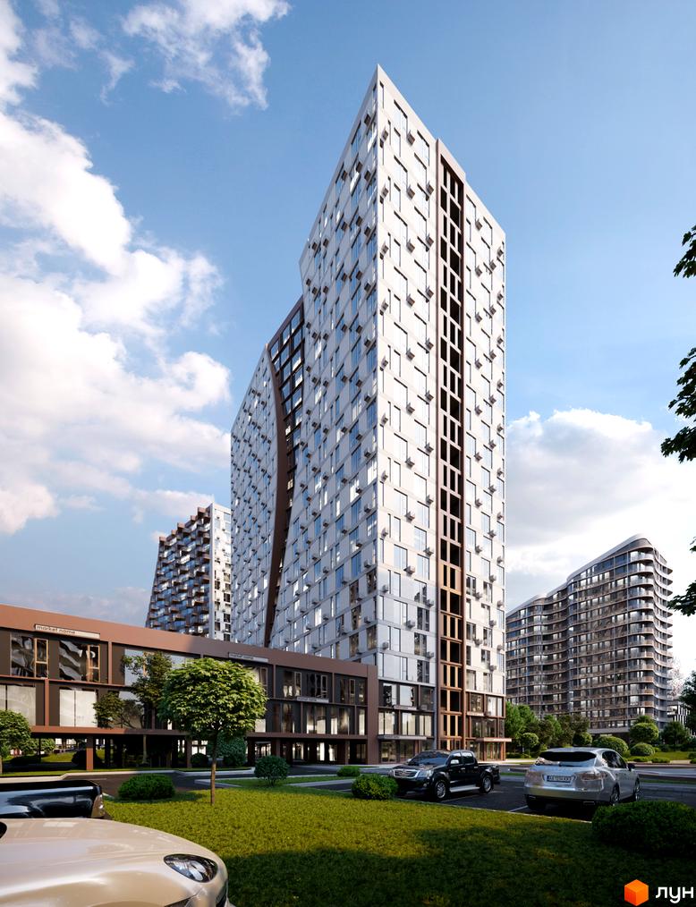 Житловий комплекс Creator City має оригінальну архітектуру з численними вікнами. Навколо розташований зелений газон та паркувальні місця.