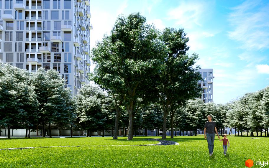 Житловий комплекс Creator City. Зовнішній вигляд будівель з великою кількістю вікон та балконів, зелена прибудинкова територія з деревами та газоном.