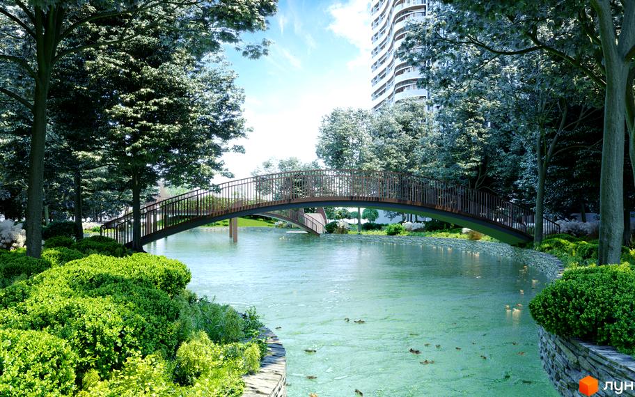 Житловий комплекс Creator City з мостом через водойму та зеленою зоною. Фото новобудови з парковою зоною та водоймою.