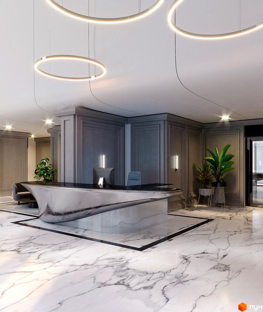 Сучасний дизайн рецепції житлового комплексу Creator City з мармуровою підлогою та оригінальними підвісними світильниками. Просторий хол з рослинами та елегантною стійкою.