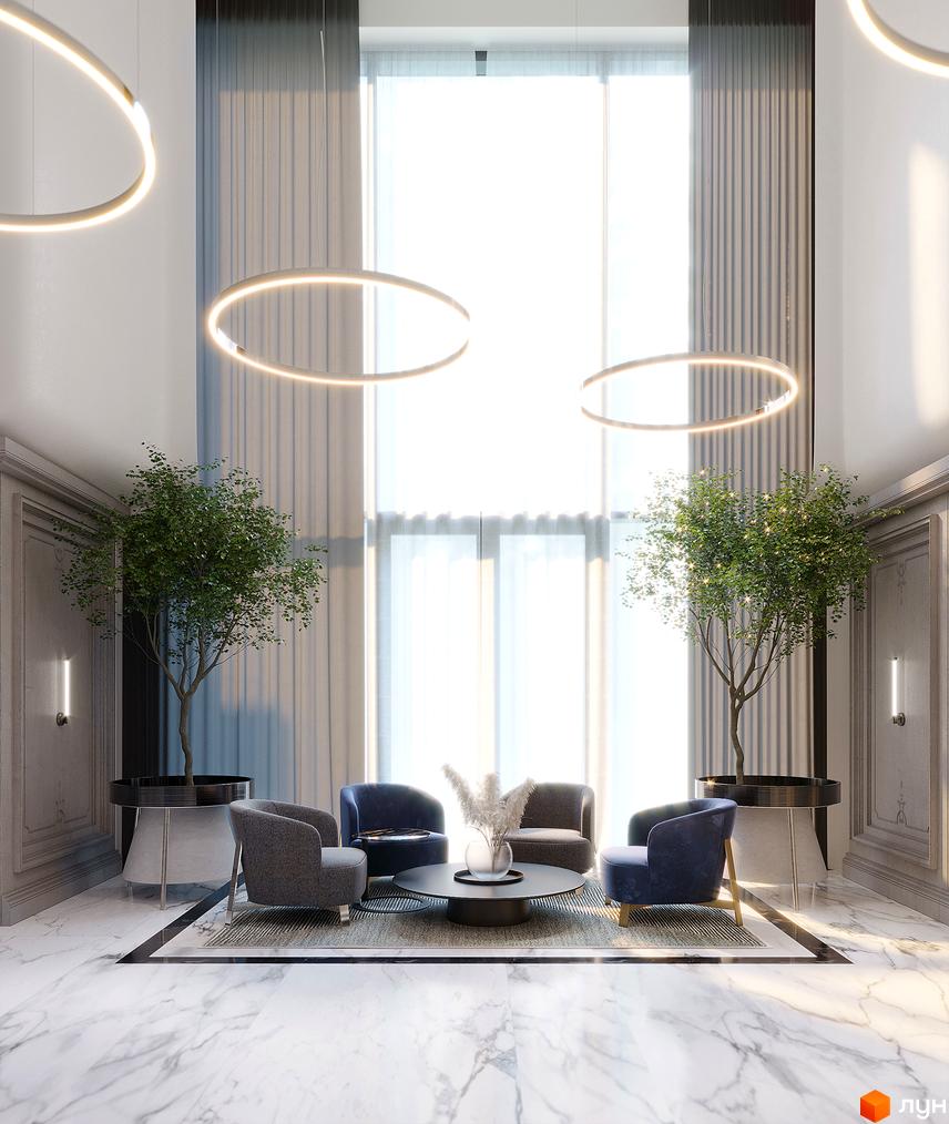 Сучасний інтер'єр зони відпочинку в житловому комплексі Creator City з дизайнерськими кріслами, журнальним столиком та декоративними деревами. Просторий хол з великими вікнами та елегантним освітленням.
