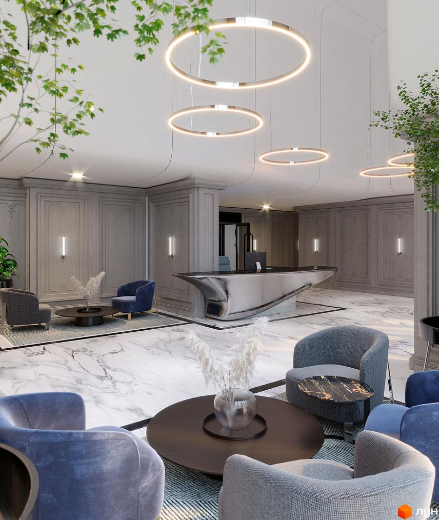 Лобі житлового комплексу Creator City з дизайнерськими кріслами, мармуровою підлогою та футуристичною стійкою реєстрації. Сучасні круглі підвісні світильники створюють атмосферу елегантності.