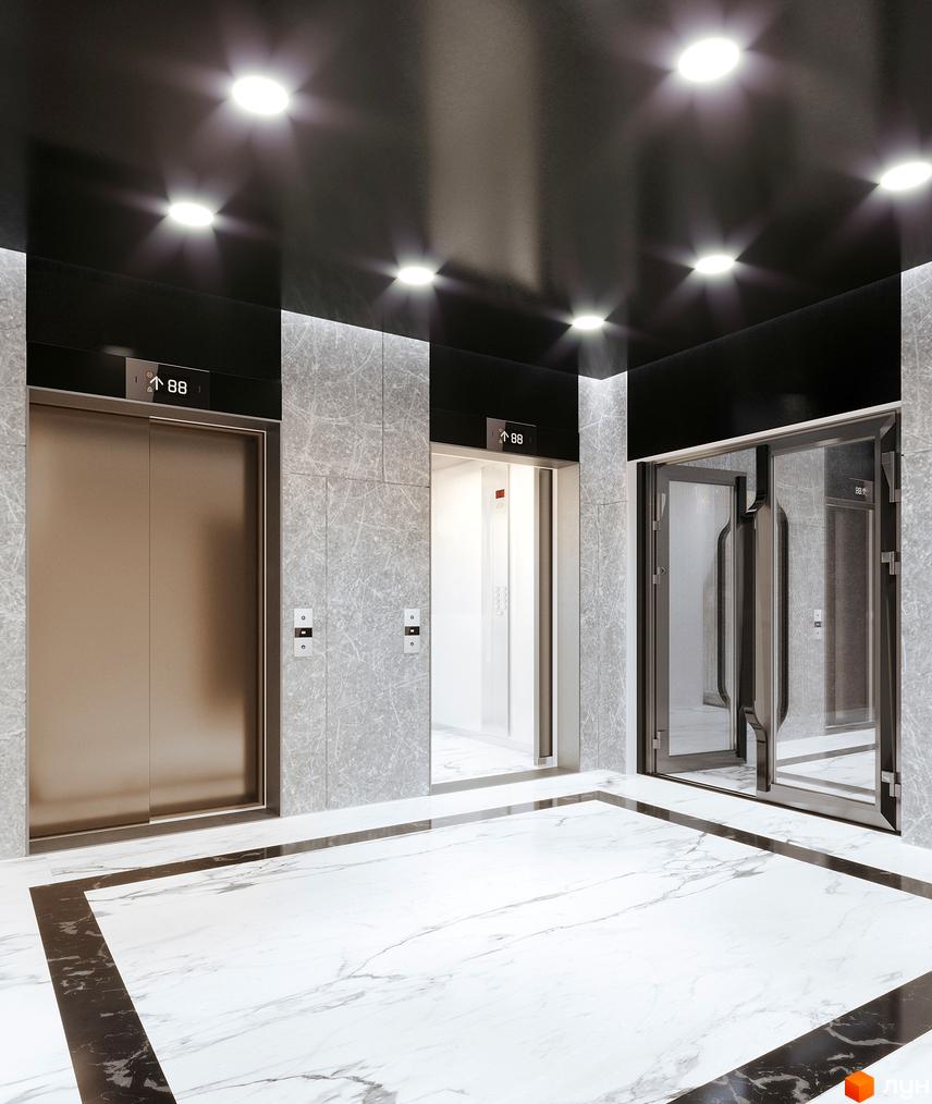 Сучасний хол житлового комплексу Creator City з мармуровою підлогою та дверима ліфтів. Елегантний дизайн інтер'єру новобудови.