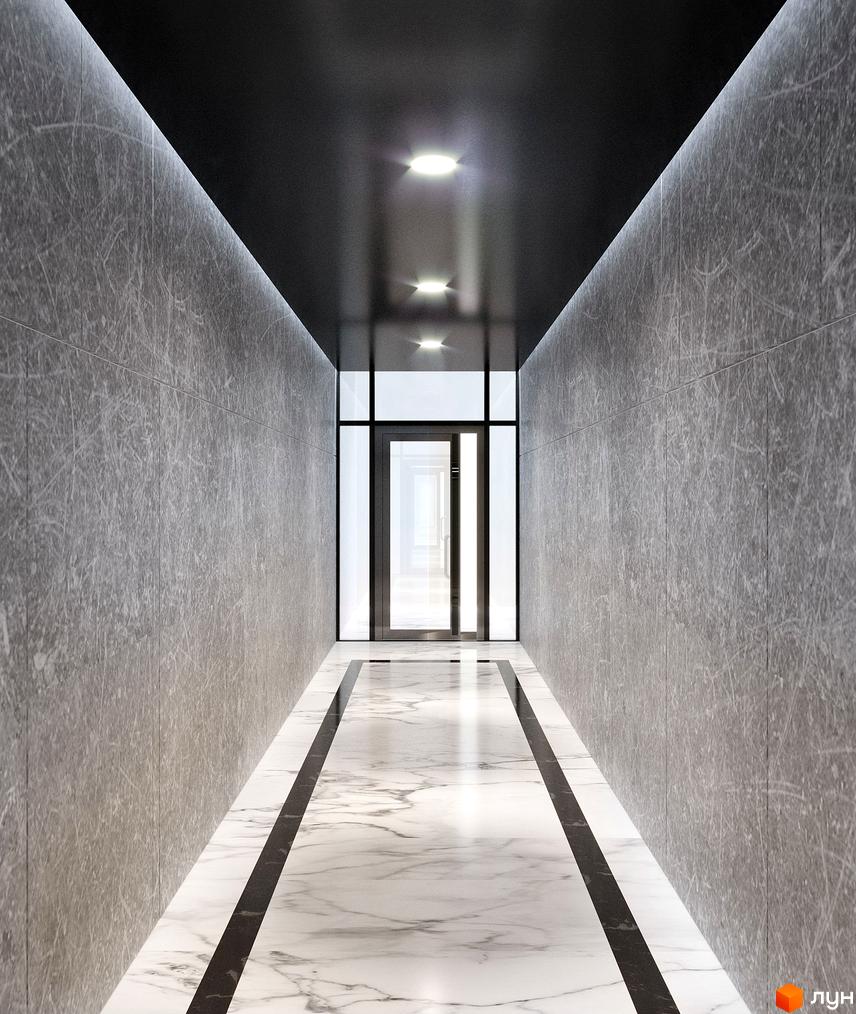 Сучасний коридор ЖК Creator City з мармуровою підлогою та сірими стінами. Простір освітлений вбудованими світильниками на стелі та підсвічуванням по периметру.