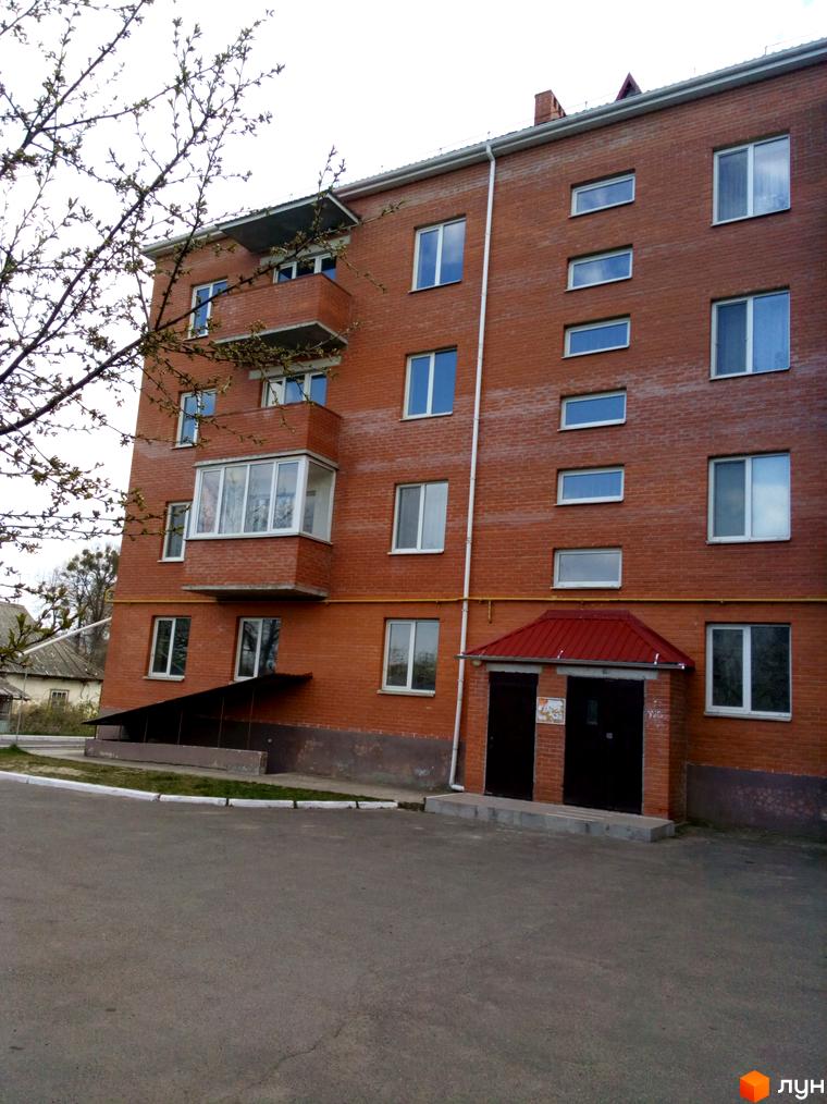 Цегляний житловий комплекс на пров. Лютневий, 3, з балконами та входом у двір. Навколо будинку розташована прибудинкова територія з деревами та дорогою.