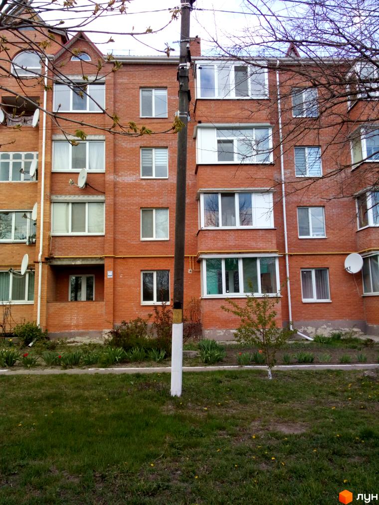 Цегляний житловий комплекс пров. Лютневий, 3 з численними вікнами та балконами, оточений зеленню та деревами.