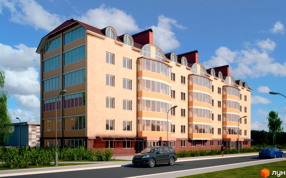 Житловий комплекс Садовий з персиковим фасадом, багатоповерховими вікнами та еркерними балконами. Перед будинком дорога, зелені кущі та дерева.