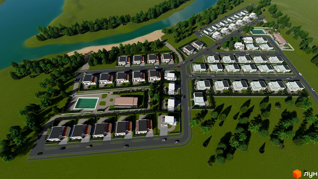 Котеджне містечко Ula.community: вид зверху на забудову з білих будинків з темними дахами, басейном та річкою.