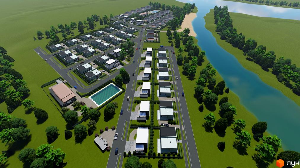 Котеджне містечко Ula.community з сучасними будинками та басейном, розташоване біля річки. На території комплексу є зелені зони та місця для відпочинку.