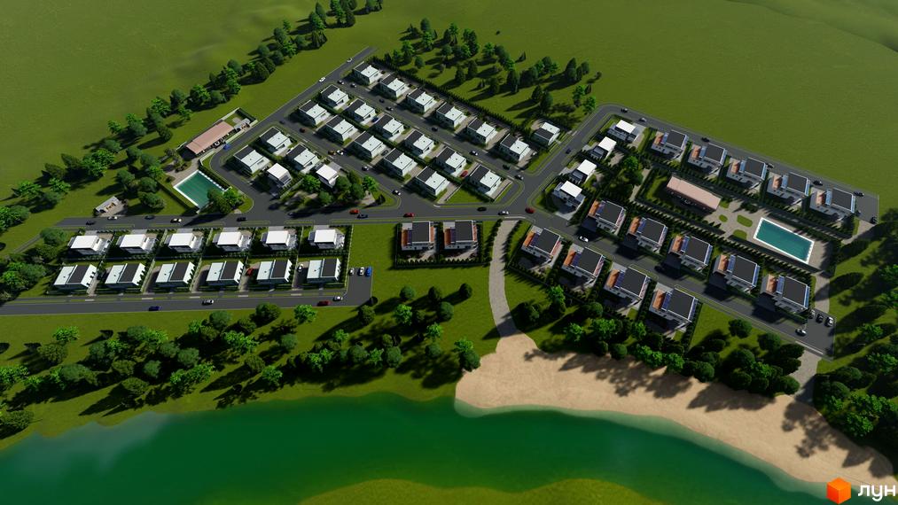 Котеджне містечко Ula.community: вид зверху на ряди білих будинків з темними дахами. Територія оточена зеленню, дорогами, басейнами та водоймою з пляжем.