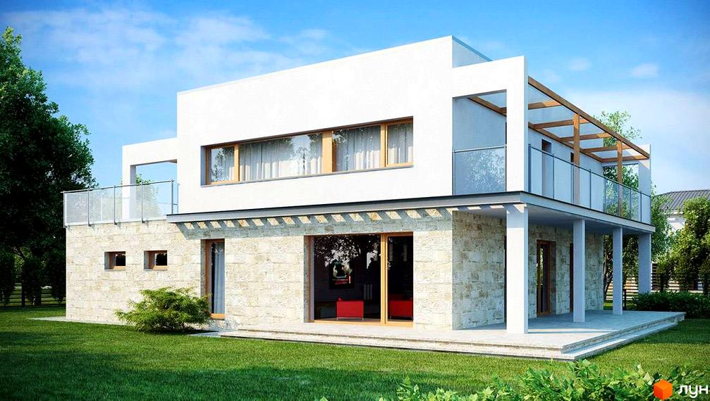 Сучасний двоповерховий будинок з кам'яним цоколем та скляними перилами на балконі. Навколо будинку зелений газон та дерева.