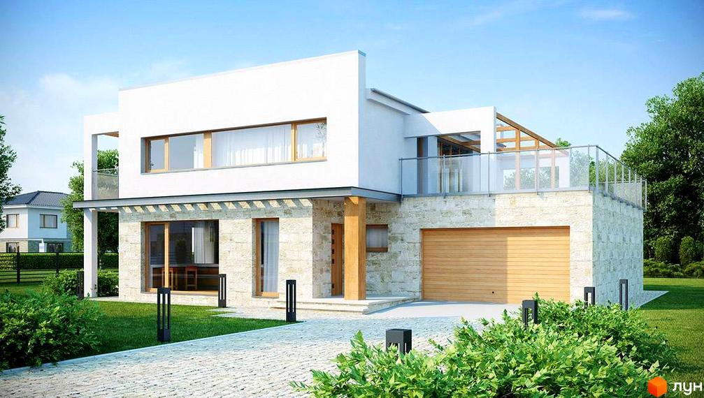 Котеджне містечко Ula.community: двоповерховий будинок з білою штукатуркою, кам'яним цоколем, великими вікнами та дерев'яним гаражем. Навколо будинку зелений газон та кущі.