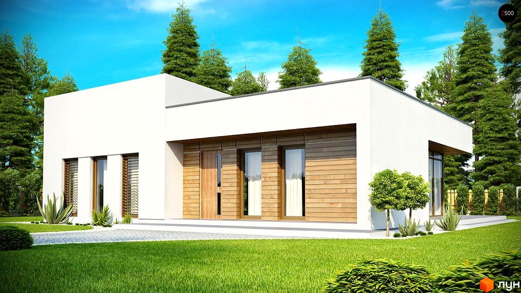 Білий одноповерховий будинок Котеджного містечка Ula.community з дерев'яними панелями на фасаді та доглянутим газоном.