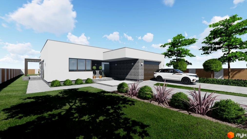 Котеджне містечко RAY-ELENOVKA. Зовнішній вигляд будинку з білою фасадною частиною, темною цегляною вставкою та гаражними воротами, прибудинкова територія з газоном, кущами та деревами.